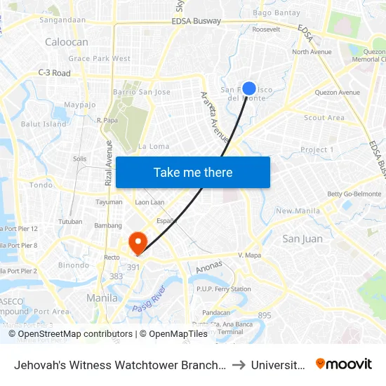 Jehovah's Witness Watchtower Branch Office, Roosevelt Avenue, Quezon City to University Of the East map