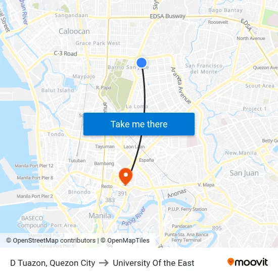 D Tuazon, Quezon City to University Of the East map