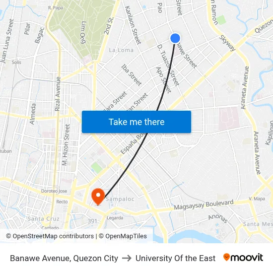 Banawe Avenue, Quezon City to University Of the East map