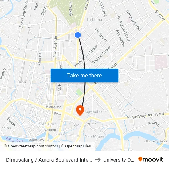 Dimasalang / Aurora Boulevard Intersection, Quezon City to University Of the East map