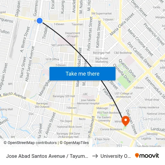 Jose Abad Santos Avenue / Tayuman Road, Quezon City to University Of the East map