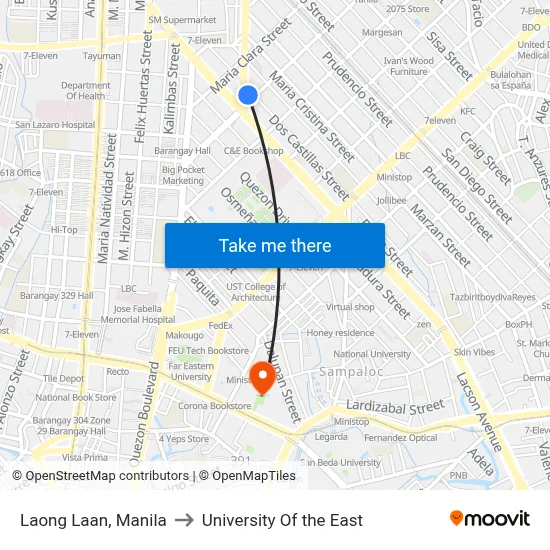 Laong Laan, Manila to University Of the East map