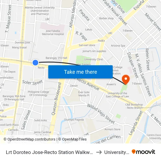 Lrt Doroteo Jose-Recto Station Walkway / Rizal Avenue Intersection, Manila to University Of the East map