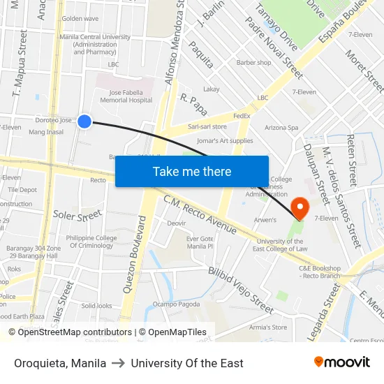 Oroquieta, Manila to University Of the East map