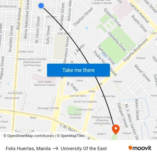 Felix Huertas, Manila to University Of the East map