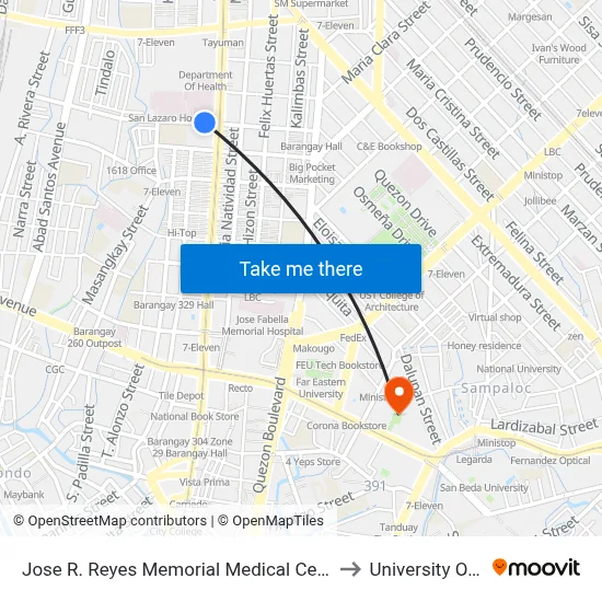 Jose R. Reyes Memorial Medical Center, Quiricada, Manila to University Of the East map