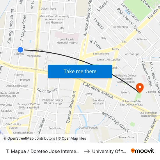 T. Mapua / Doreteo Jose Intersection, Manila to University Of the East map