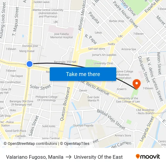 Valariano Fugoso, Manila to University Of the East map