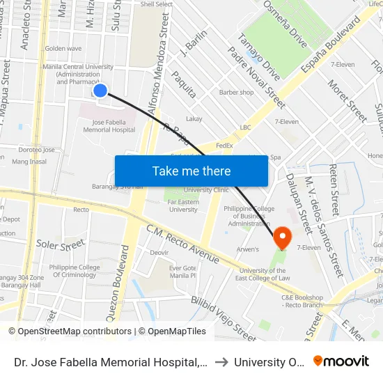 Dr. Jose Fabella Memorial Hospital, Felix Huertas, Manila to University Of the East map