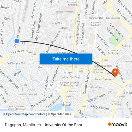Dagupan, Manila to University Of the East map