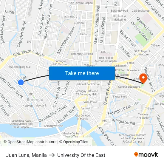 Juan Luna, Manila to University Of the East map