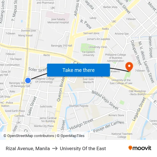 Rizal Avenue, Manila to University Of the East map