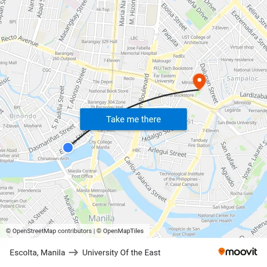 Escolta, Manila to University Of the East map
