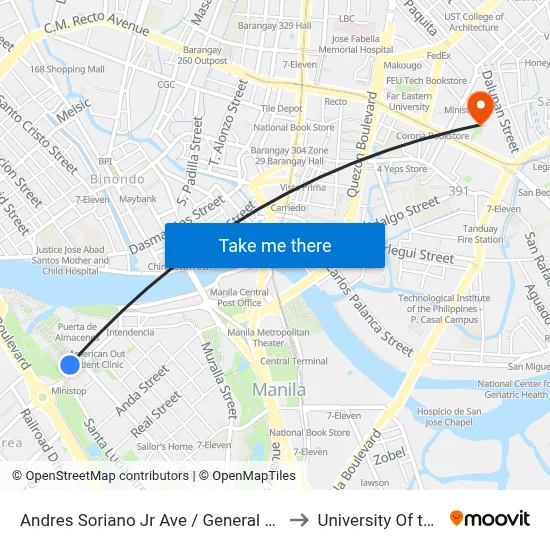 Andres Soriano Jr Ave / General Luna, Manila to University Of the East map