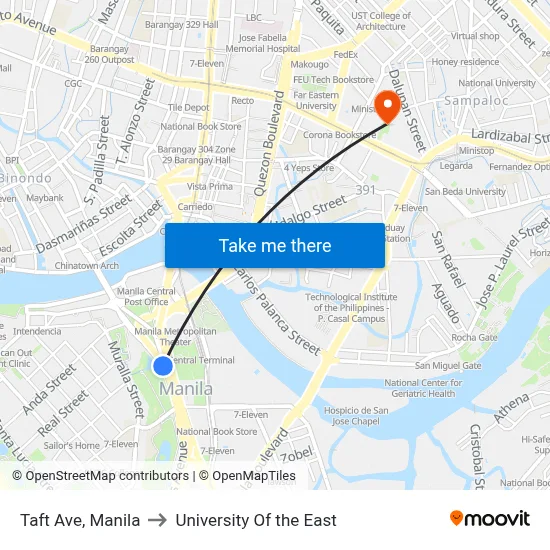 Taft Ave, Manila to University Of the East map
