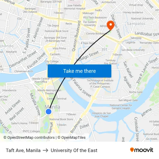 Taft Ave, Manila to University Of the East map