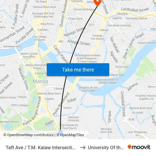 Taft Ave / T.M. Kalaw Intersection, Manila to University Of the East map