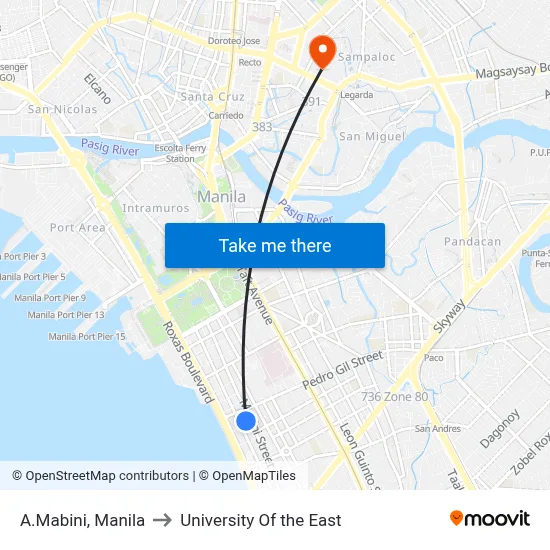 A.Mabini, Manila to University Of the East map