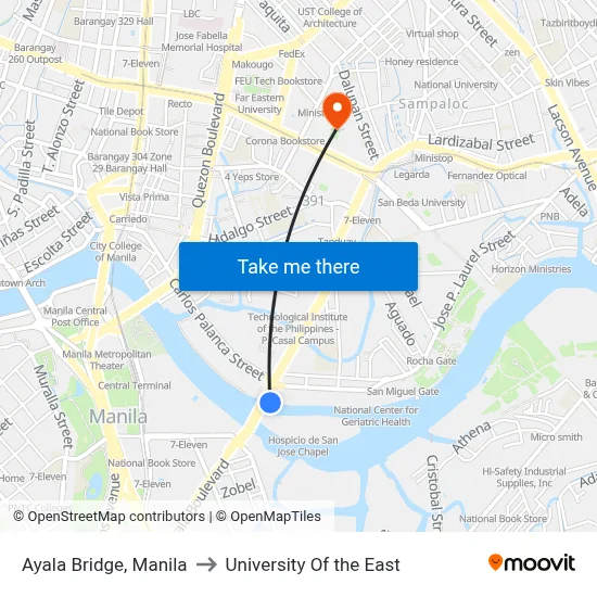 Ayala Bridge, Manila to University Of the East map