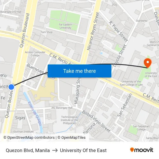 Quezon Blvd, Manila to University Of the East map