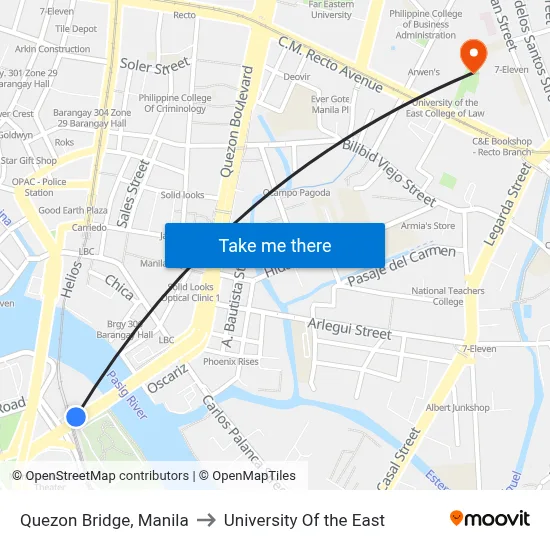 Quezon Bridge, Manila to University Of the East map