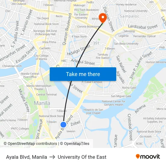Ayala Blvd, Manila to University Of the East map