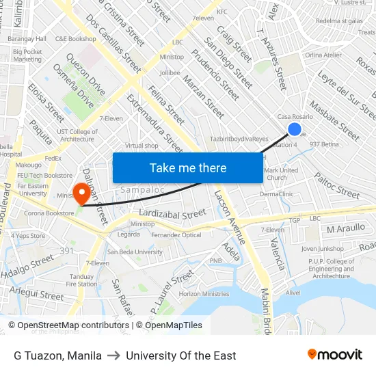 G Tuazon, Manila to University Of the East map