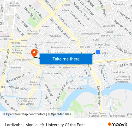 Lardizabal, Manila to University Of the East map