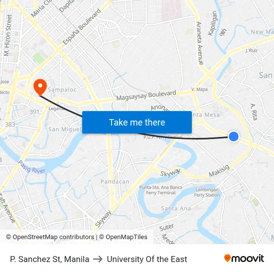 P. Sanchez St, Manila to University Of the East map