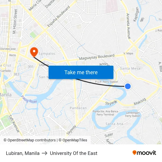Lubiran, Manila to University Of the East map