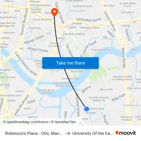 Robinson's Place - Otis, Manila to University Of the East map