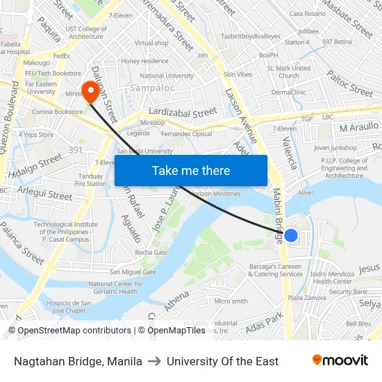 Nagtahan Bridge, Manila to University Of the East map