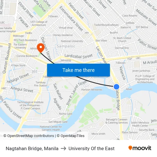 Nagtahan Bridge, Manila to University Of the East map