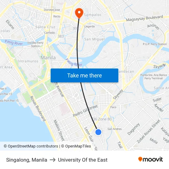 Singalong, Manila to University Of the East map