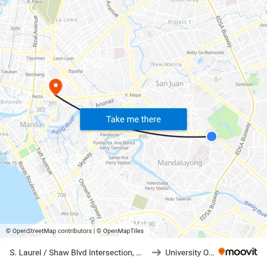 S. Laurel / Shaw Blvd Intersection, Mandaluyong City, Manila to University Of the East map