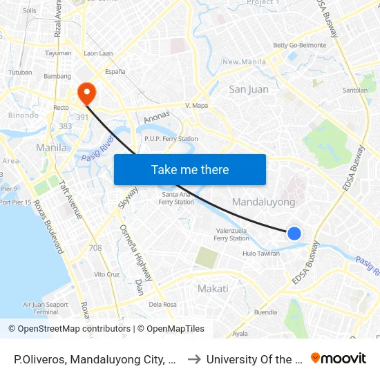 P.Oliveros, Mandaluyong City, Manila to University Of the East map