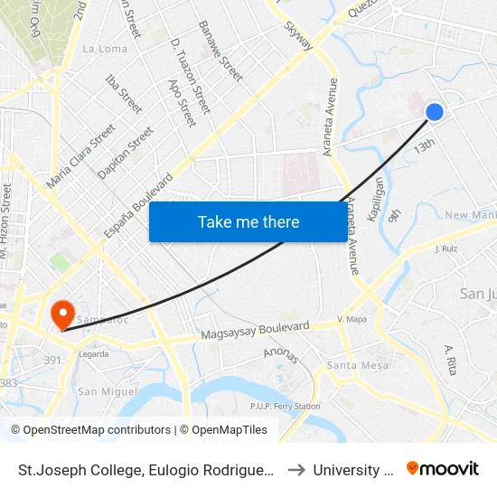 St.Joseph College, Eulogio Rodriguez Sr. Ave, Quezon City, Manila to University Of the East map