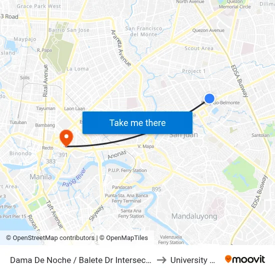 Dama De Noche / Balete Dr  Intersection, Quezon City, Manila to University Of the East map