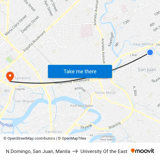 N.Domingo, San Juan, Manila to University Of the East map