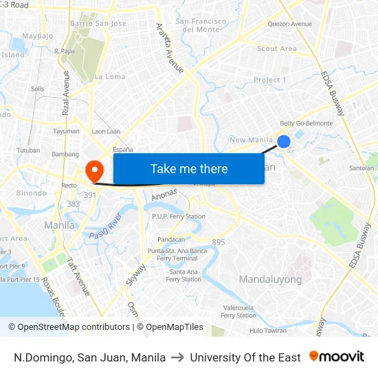 N.Domingo, San Juan, Manila to University Of the East map