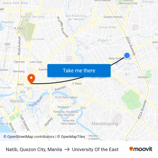 Natib, Quezon City, Manila to University Of the East map