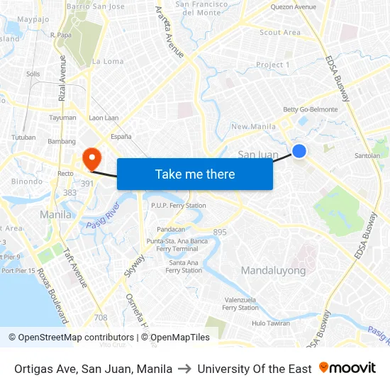 Ortigas Ave, San Juan, Manila to University Of the East map