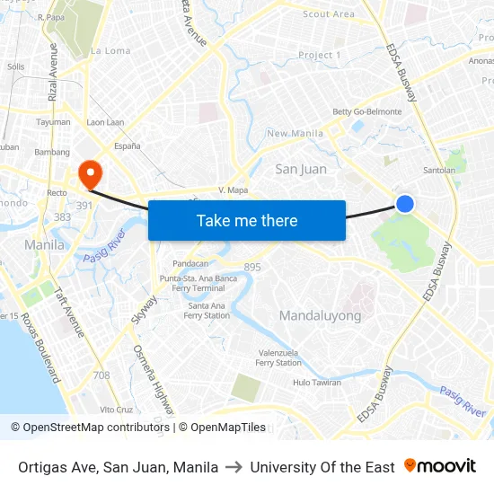 Ortigas Ave, San Juan, Manila to University Of the East map