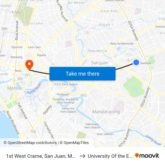 1st West Crame, San Juan, Manila to University Of the East map