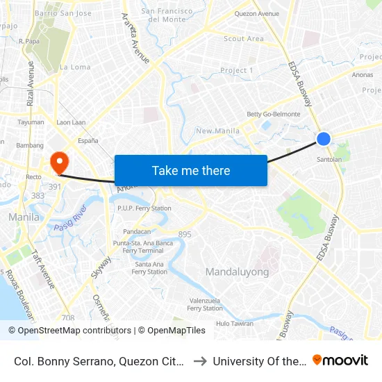 Col. Bonny Serrano, Quezon City, Manila to University Of the East map