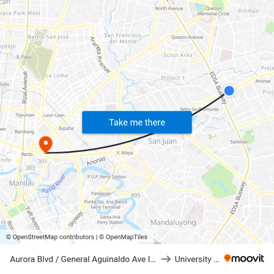 Aurora Blvd / General Aguinaldo Ave Intersection, Quezon City, Manila to University Of the East map