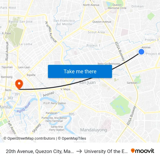 20th Avenue, Quezon City, Manila to University Of the East map