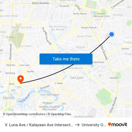 V. Luna Ave / Kalayaan Ave Intersection, Quezon City, Manila to University Of the East map