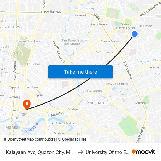 Kalayaan Ave, Quezon City, Manila to University Of the East map