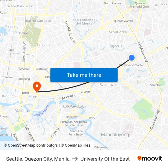 Seattle, Quezon City, Manila to University Of the East map